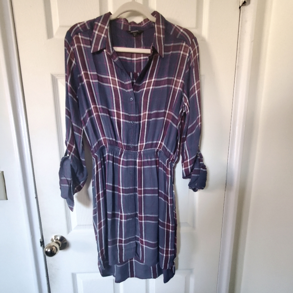 Express Plaid Shirt Dress Rayon Womens Medium Long Sleeve Blue Burgundy Sz M